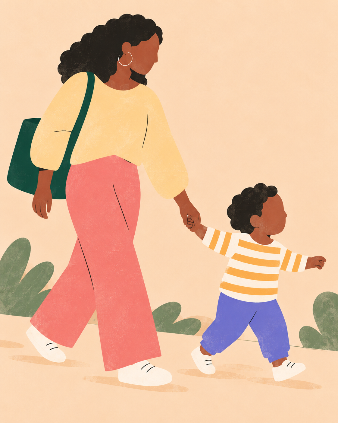 An illustration of a mother walking while holding her young son's hand