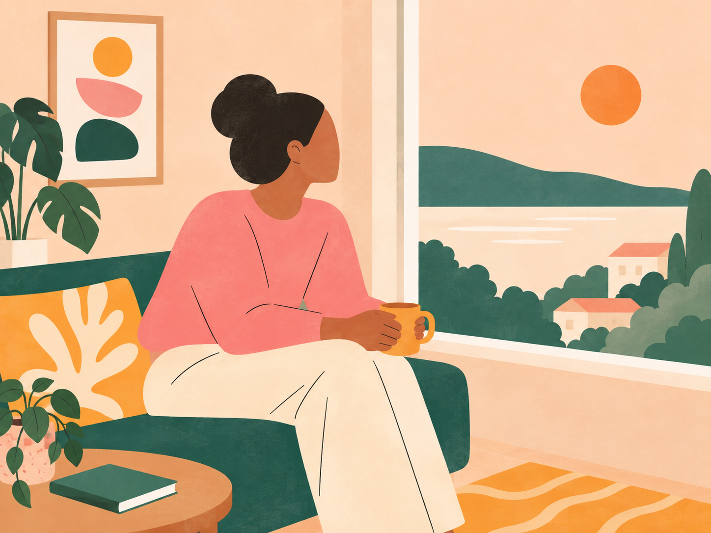 An illustration of a person sitting on a sofa with a mug, looking out of a window towards a calm landscape