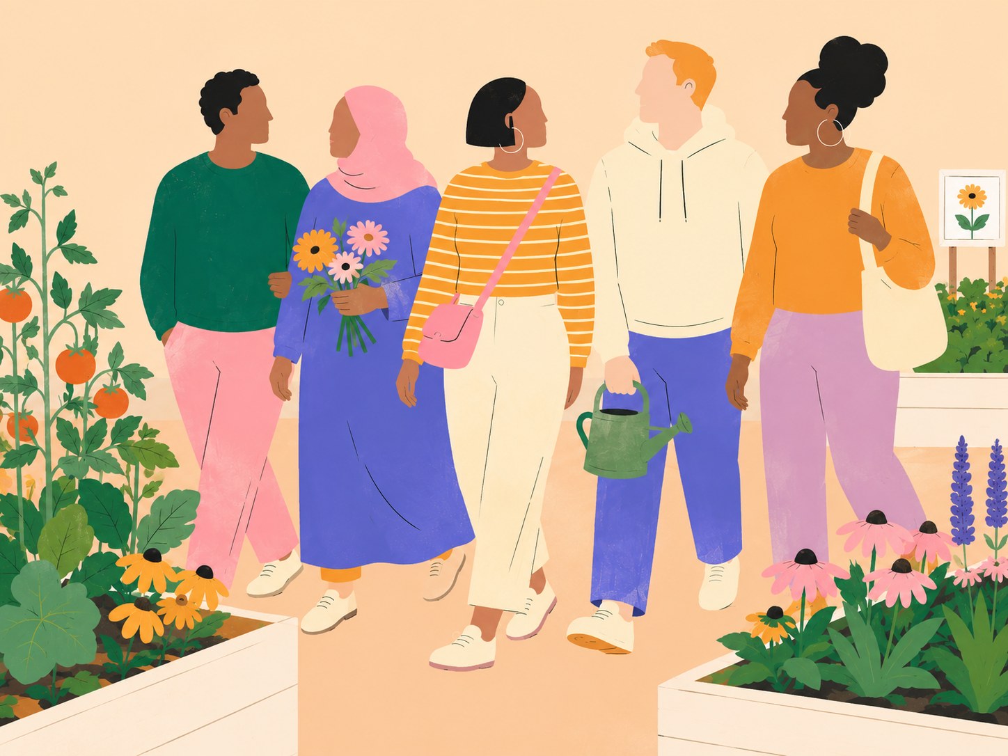 An illustration of five people walking together through a community garden of raised beds and flowers