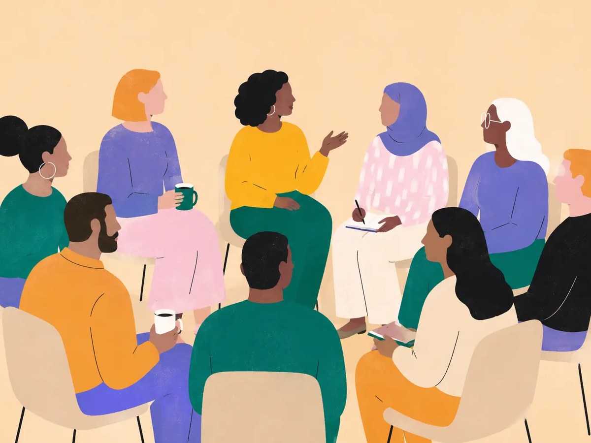 An illustration of people seated in a circle at a community meeting, listening to one another