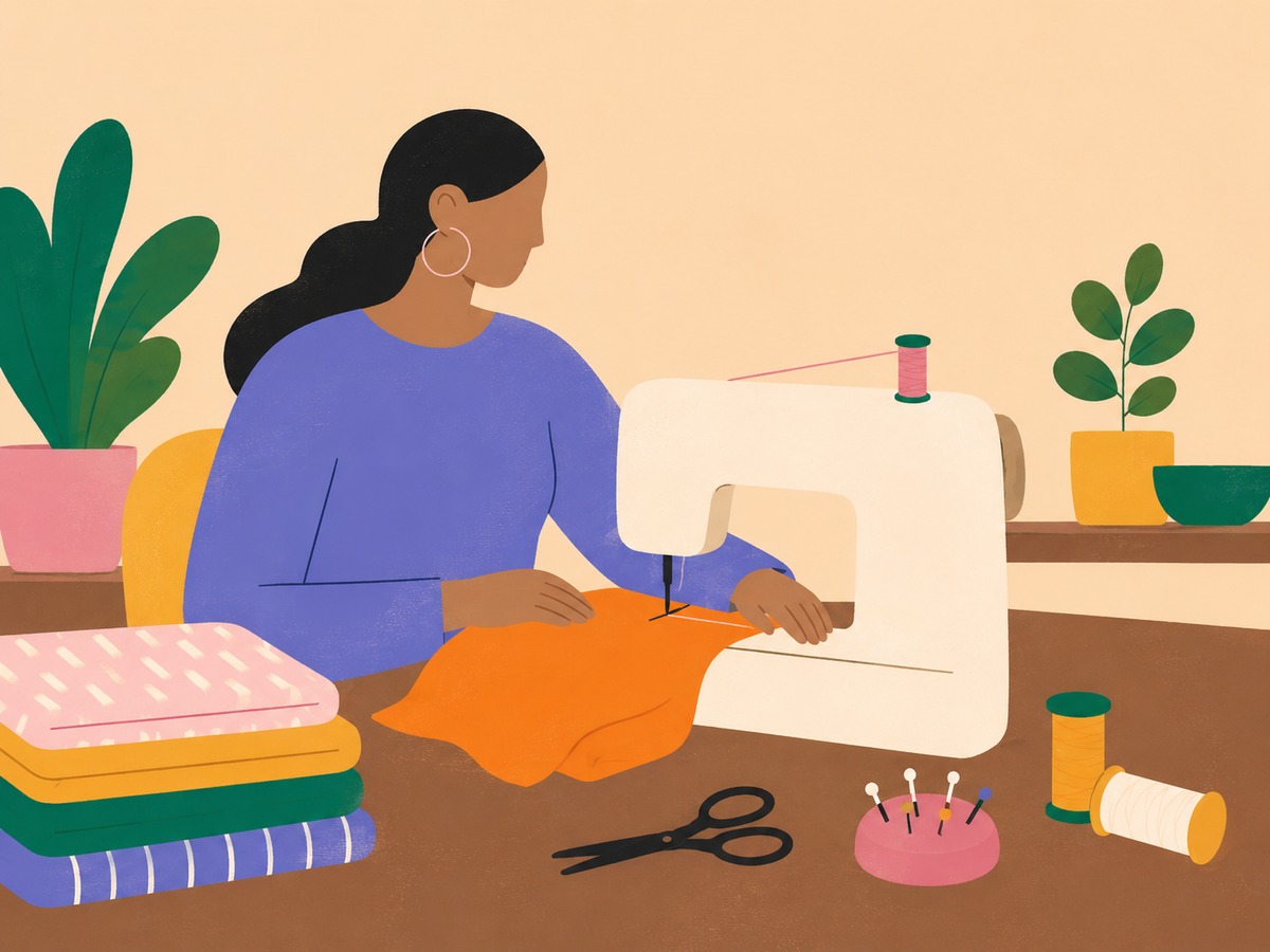 An illustration of a person sewing at a machine with colourful fabric and thread