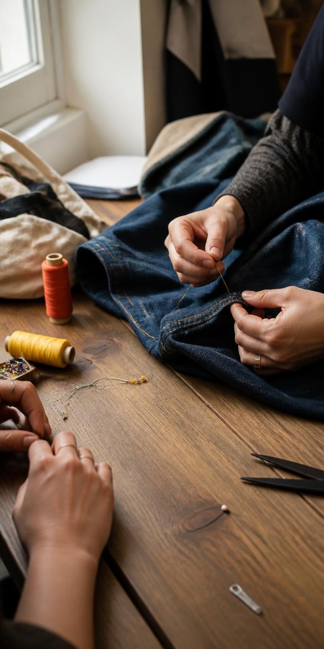 Hands mending a denim jacket at a workshop table