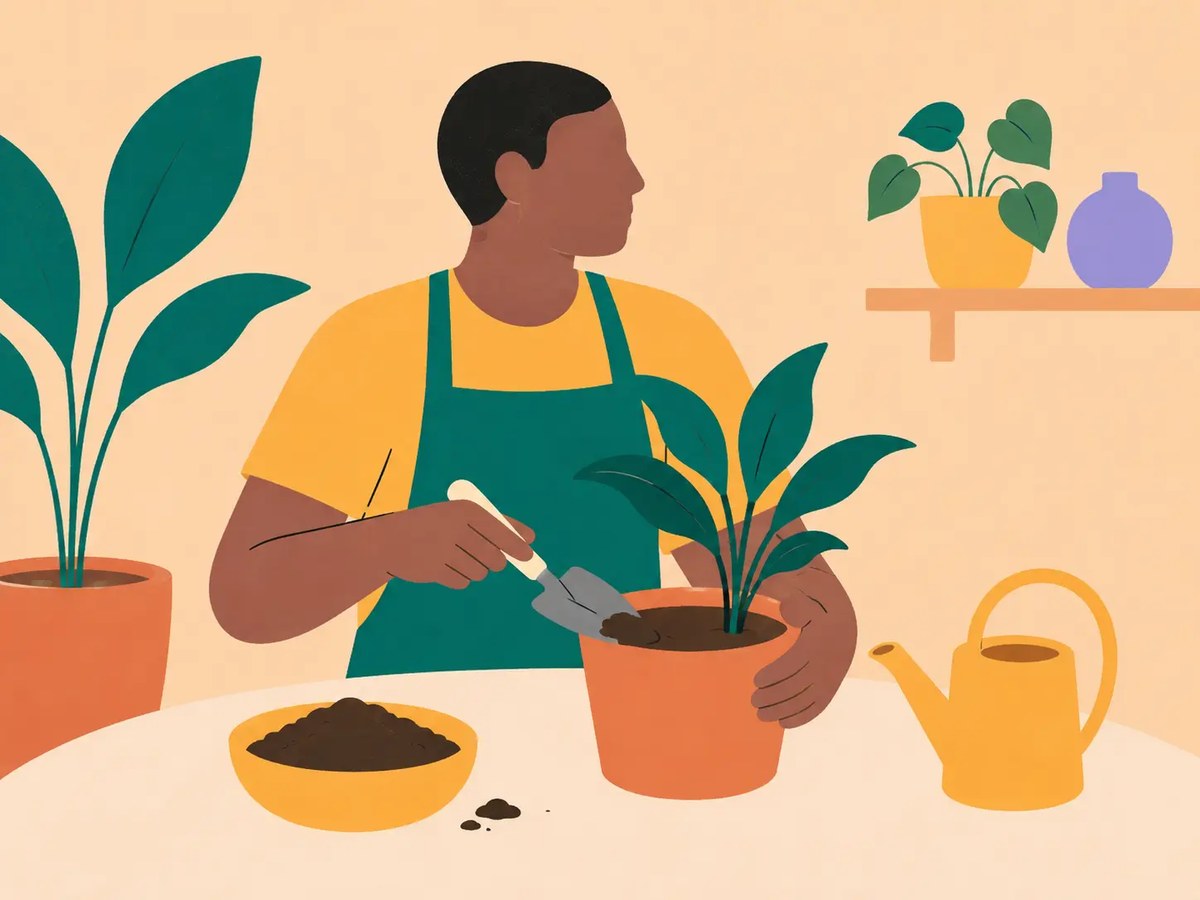 An illustration of a person tending plants on their own