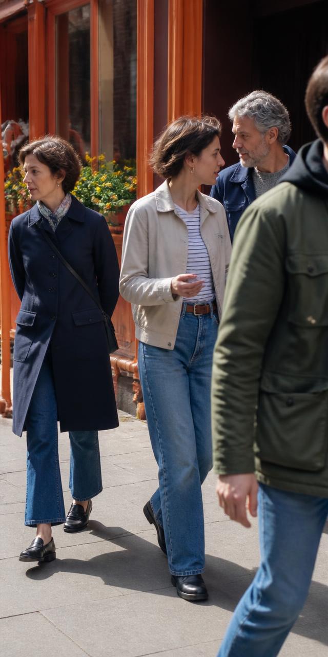 People walking and talking along a sunlit street
