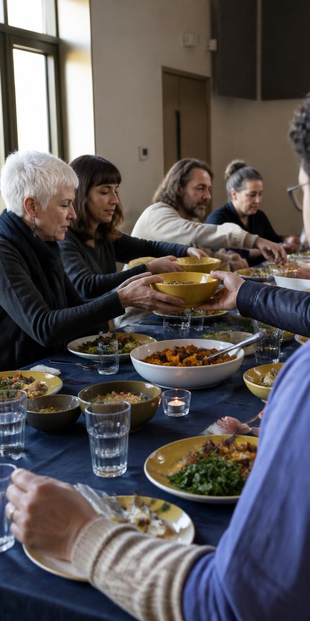 People passing bowls of food around a long table
