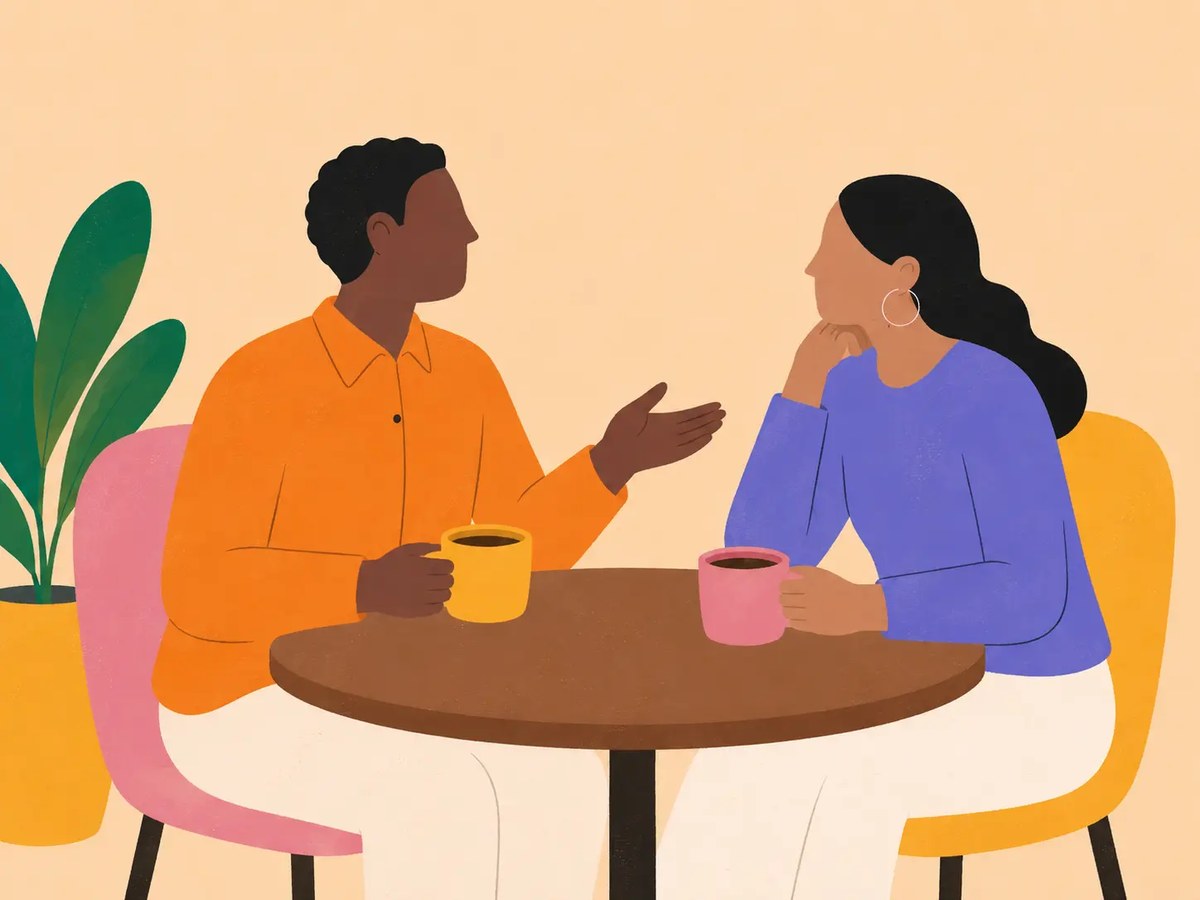An illustration of two people in conversation over cups of coffee