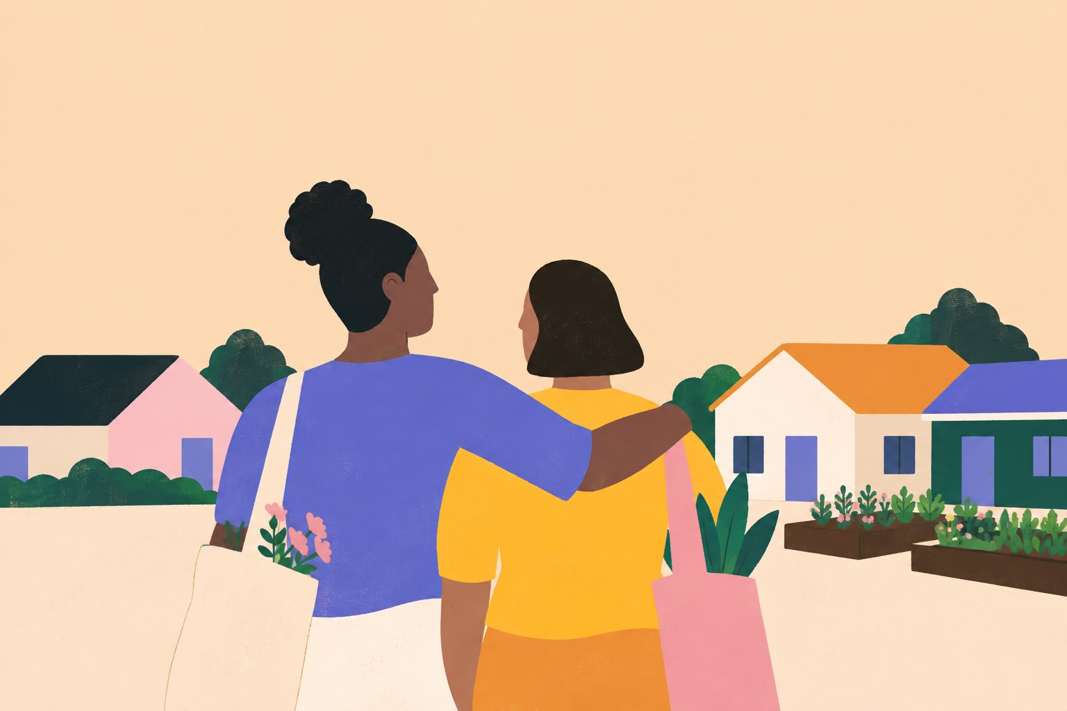 An illustration of two friends walking arm in arm through their neighbourhood with tote bags of flowers and plants