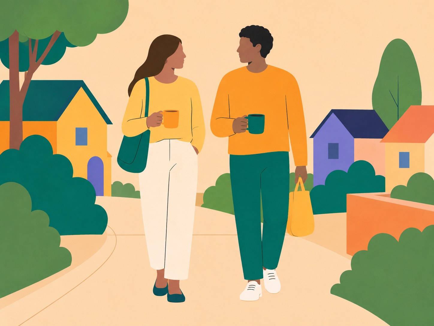 An illustration of two people walking along a sunlit street with hot drinks, talking as they go