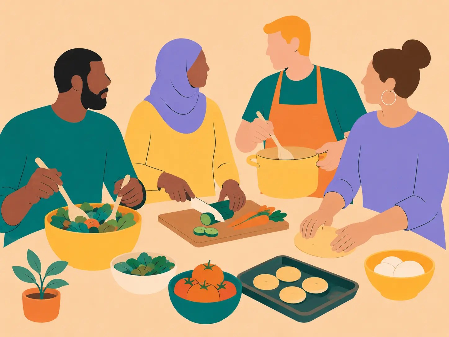 An illustration of four people preparing a meal together, chopping vegetables and stirring a pot