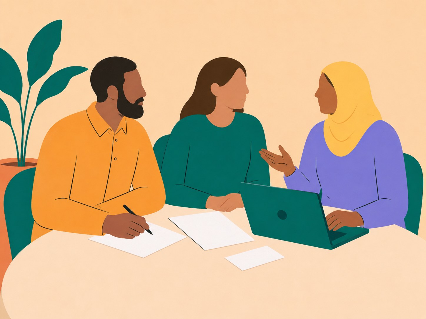 An illustration of three people around a table with a laptop and papers, working something out together