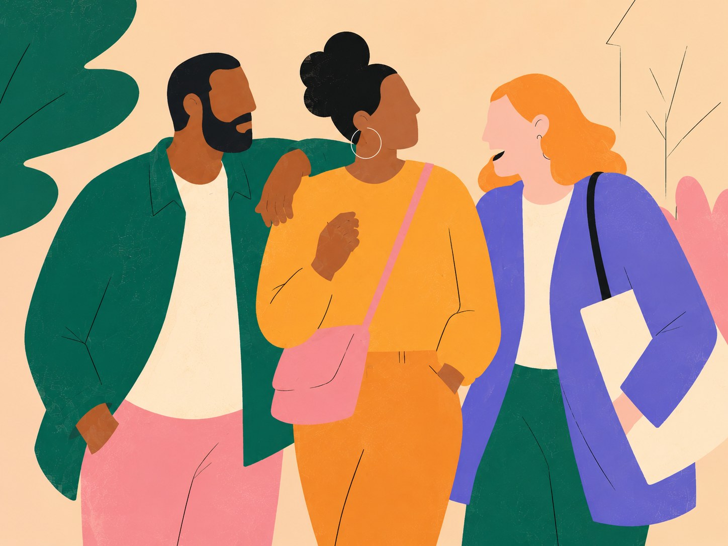 An illustration of three people standing close together outdoors, listening to one another