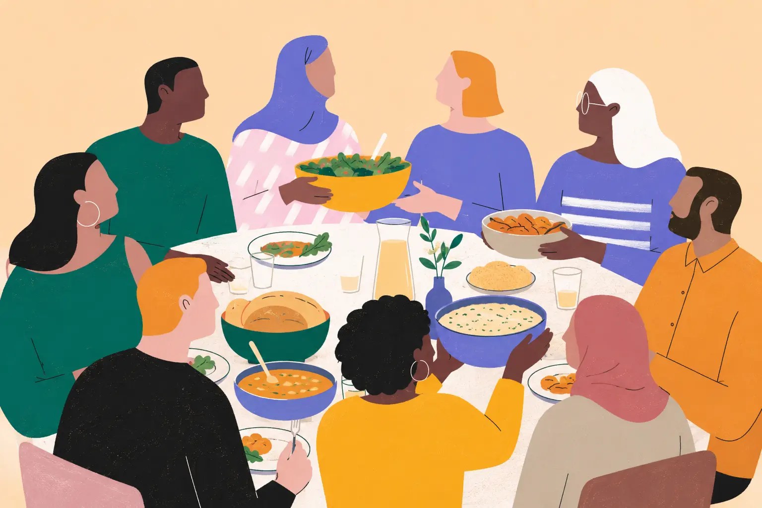 An illustration of a large group sharing a meal, passing bowls of food around the table