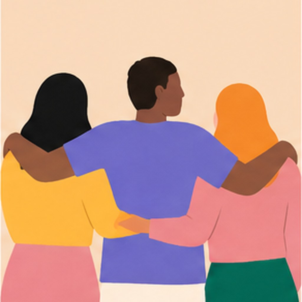 An illustration of three people standing together with their arms around one another