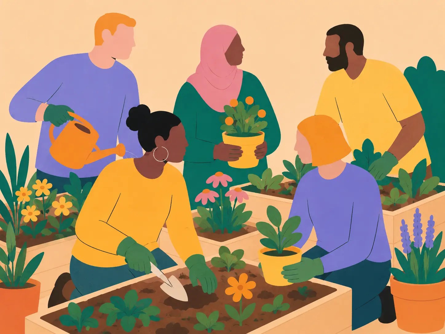 An illustration of people gardening together in raised beds, watering and potting plants