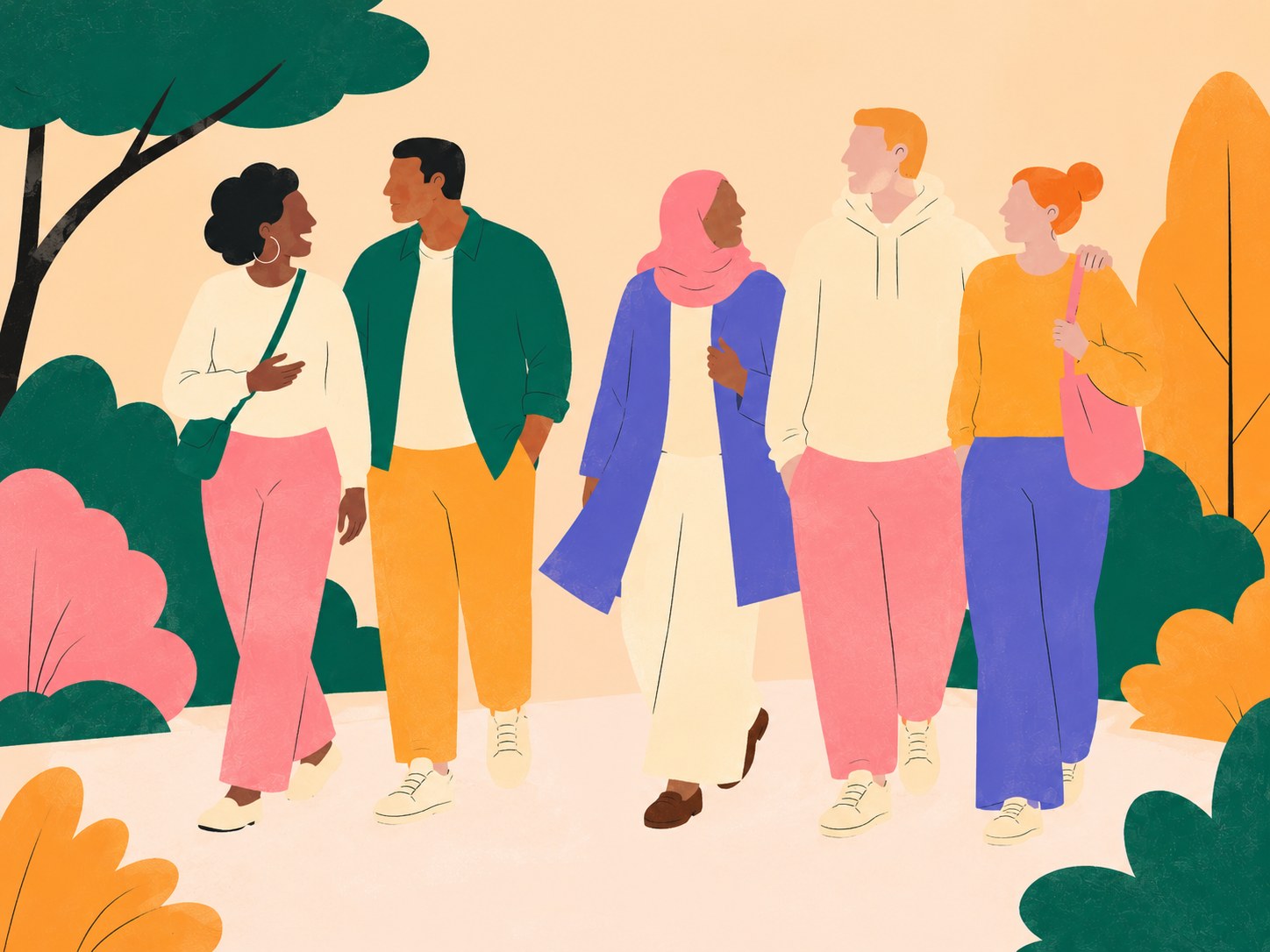 An illustration of five people walking and talking together along a tree-lined path