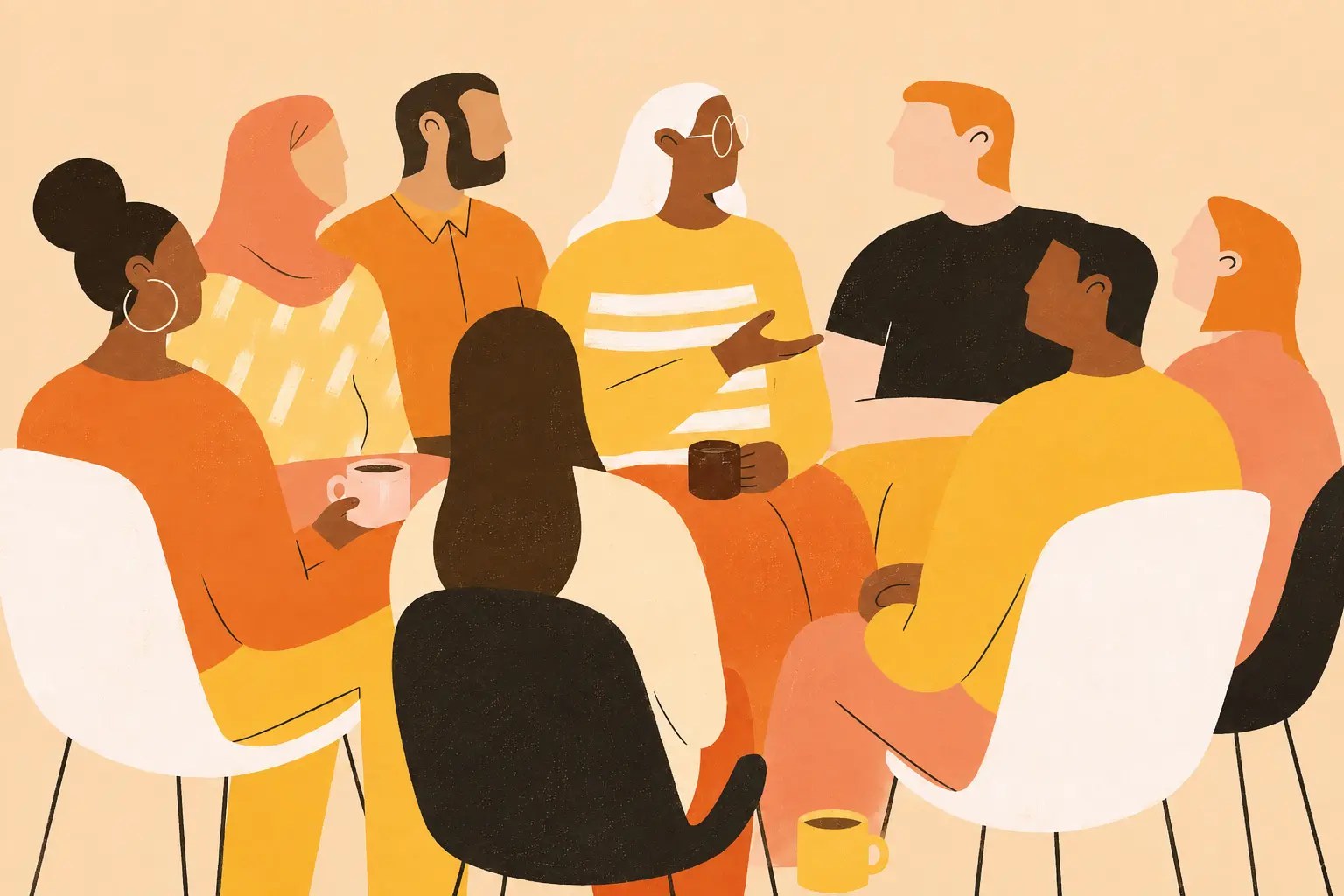 An illustration of a close circle of people in conversation over cups of coffee
